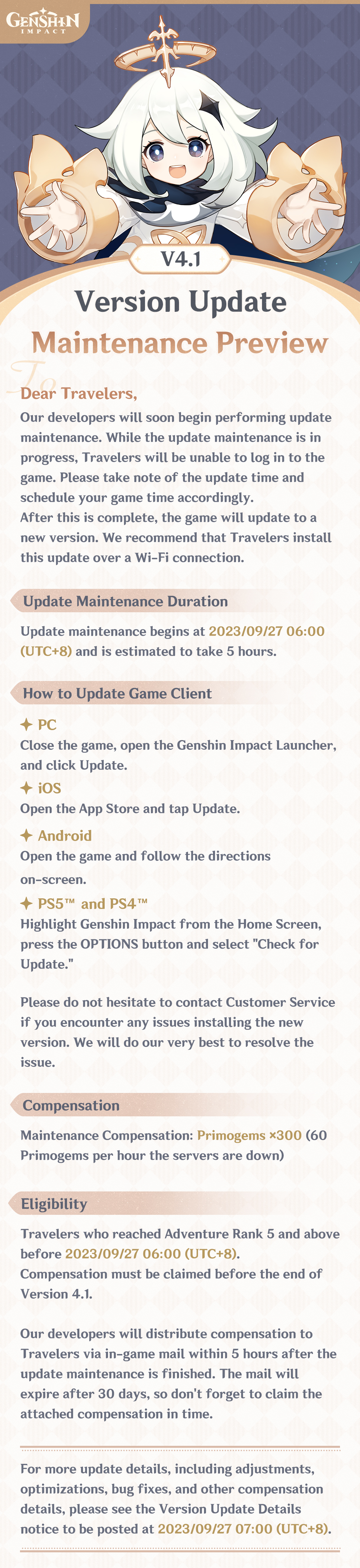 Genshin Impact 4.1 redeem codes for September 2023