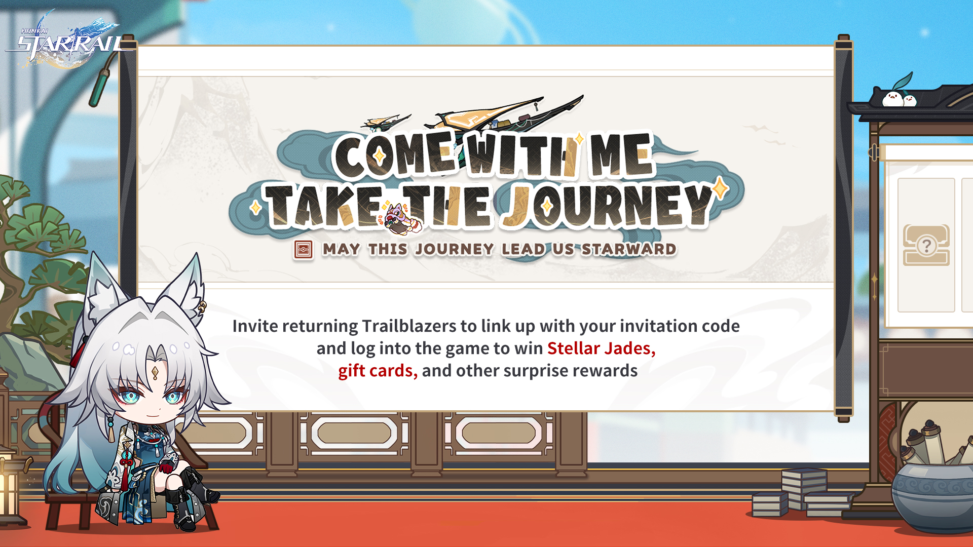 The player return web event “Come With Me, Take the Journey” is now available. Participate to obtain up to 480 Stellar Jades and more!